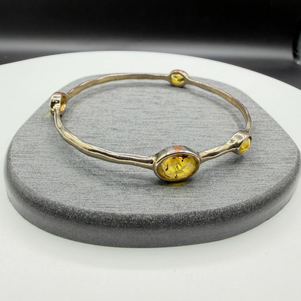 Yellow Crystal Silver Tone Bangle Bracelet Bezel Set Boho Statement Jewelry
